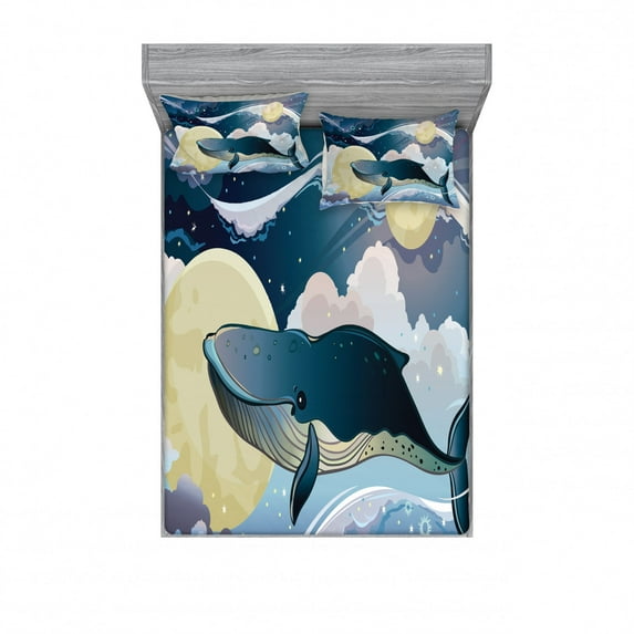 Whale Bedding Set with Sheet & Covers, Cartoon Style Huge Whale Flies over the Night Clouds with Other Planets, Printed Bedroom Decor 2 Shams, 4 Sizes, Night Blue and White, by Ambesonne