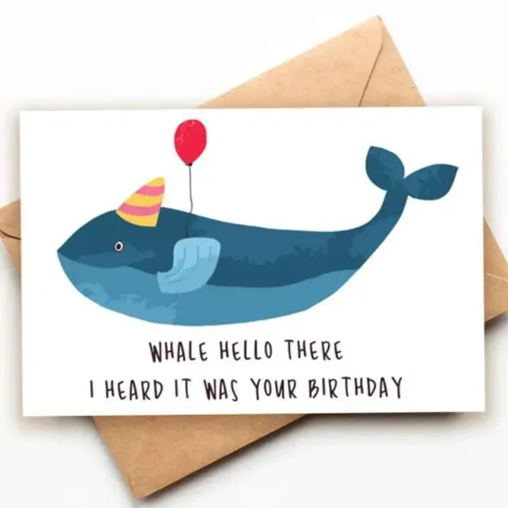 Whale Birthday Card – “Whale Hello There, I Heard It Was Your Birthday” – Fun Whale Design with Balloon – Envelope Included, Perfect for Celebrating Friends and Family Birthdays