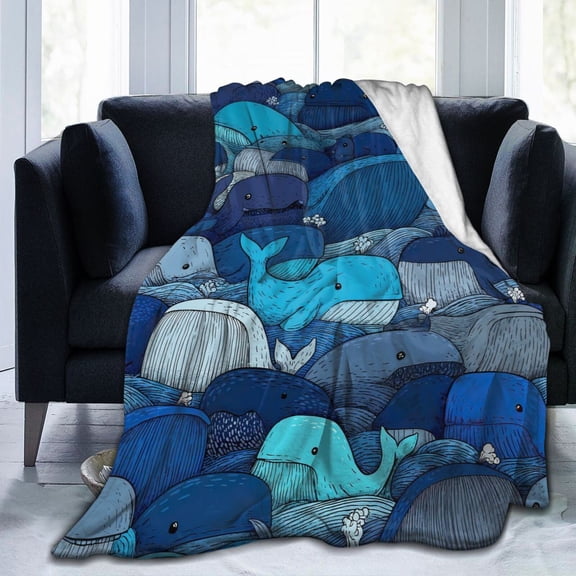 Whale Blanket, Ocean Wave Blue Whale Flannel Fleece Throw For Gift Idea & Cozy Nap 50x40