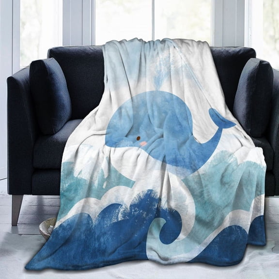 Whale Blanket Watercolor Ocean Waves Blue Sea Life Art Throw Couch Sofa Bedroom Decor 50x40