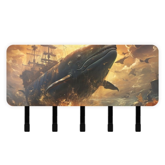 Whale Boat Waves Clouds Mail Holder Organizer Wall Mount with Shelf Key Holder Key Rack with 5 Key Hooks for Wall Decorative