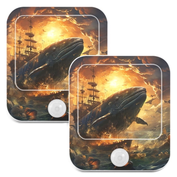 Whale Boat Waves Clouds Night Lights Plug into Wall LED with Auto Light Sensor Warm Light for Kids Hallway Bedroom Living Room Kitchen Bathroom Set of 2