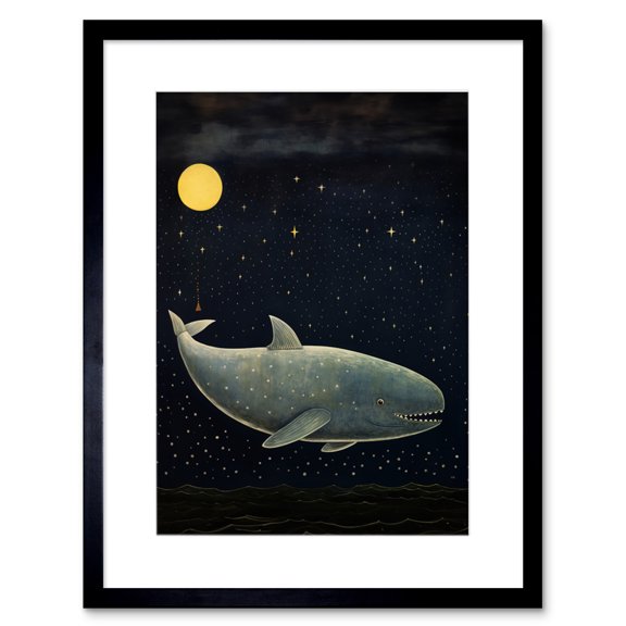 Whale Breach at Full Moon Reach for the Stars Conceptual Artwork Kids Bedroom Artwork Framed Wall Art Print 9X7 Inch