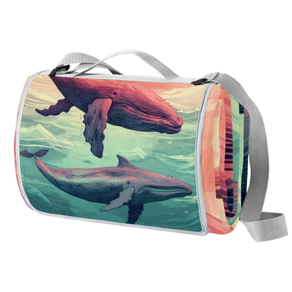 Whale Canvas Picnic Mat - Waterproof Beach Blanket for Outdoor Travel and Camping - Portable Lightweight Mat with Carrying Strap for Picnics, Hiking, and BBQs