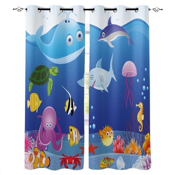Whale Cartoon Sea Animal Curtains for Living Room Bedroom Kitchen Home Supplies Ready-made Window Curtains