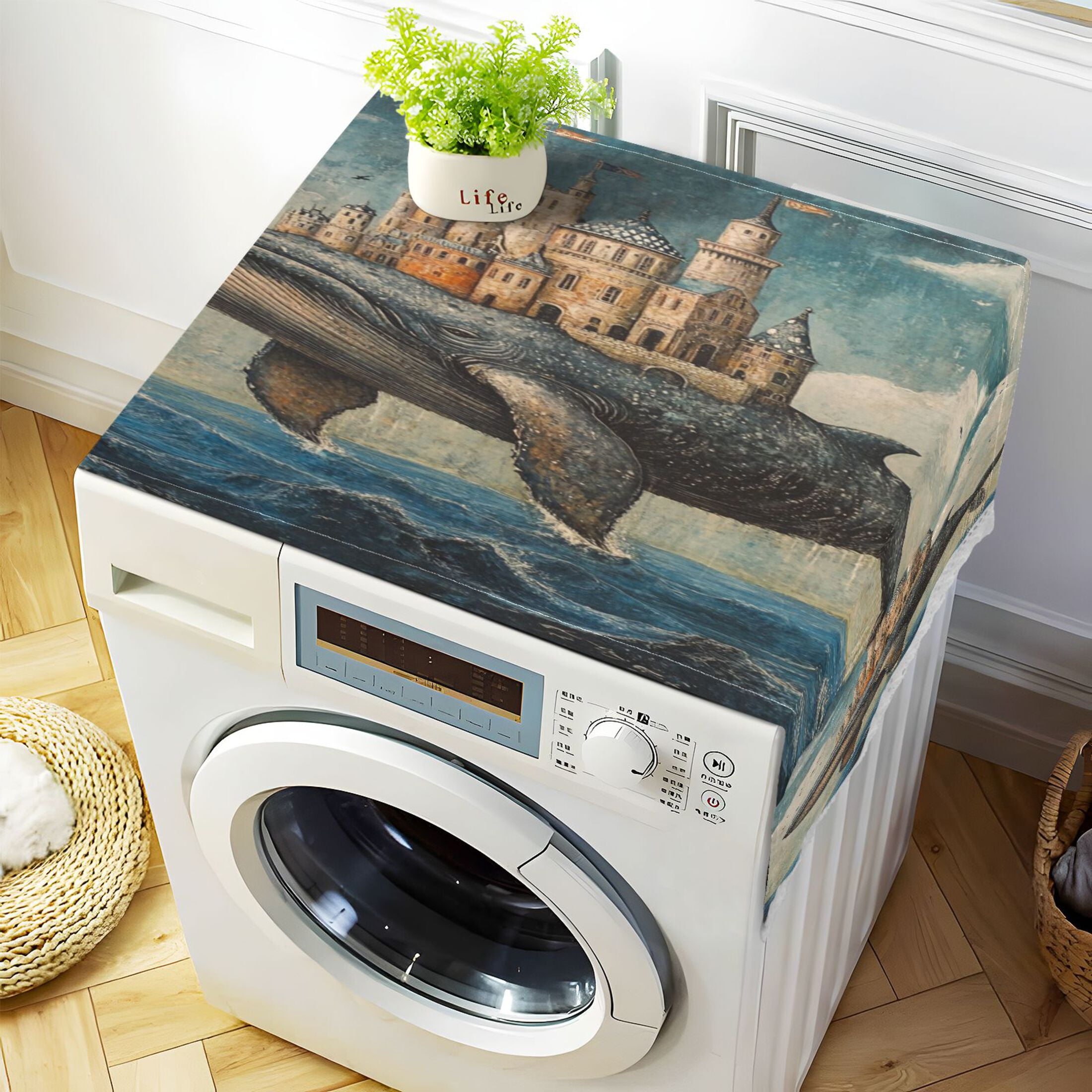 Whale CastleWasher and Dryer Covers Dust-Proof and Oil Resistant Fridge Cover with 4 Storage Pockets Washing Machine Top Cover for Laundry Kitchen Home 51.2 x 22 In