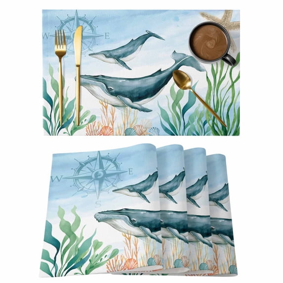 Whale Coastal Placemats Set of 6, Summer Beach Nautical Starfish Compass Placemats for Dining Table, Place Mats for Kitchen Tabletop, Waterproof Wipeable Dining Table Mats Set
