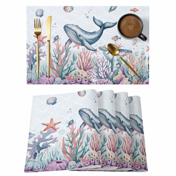 Whale Coastal Placemats Set of 6, Summer Beach Ocean Shell Jellyfish Starfish Placemats for Dining Table, Place Mats for Kitchen Tabletop, Waterproof Wipeable Dining Table Mats Set