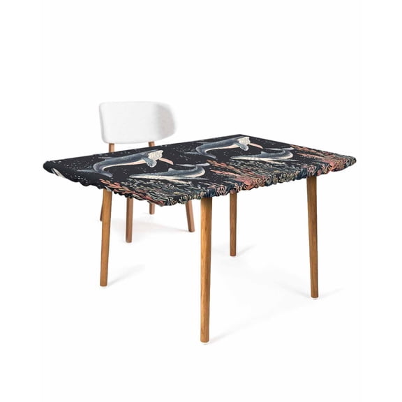 Whale Coastal Rectangle Tablecloth, Waterproof Elastic Fitted Table Covers for 6 Foot Tables, 32x72inch Decorative Tablecloths for Picnic, Camping, Indoor, Outdoor, Ocean Coral Beach Summer Black