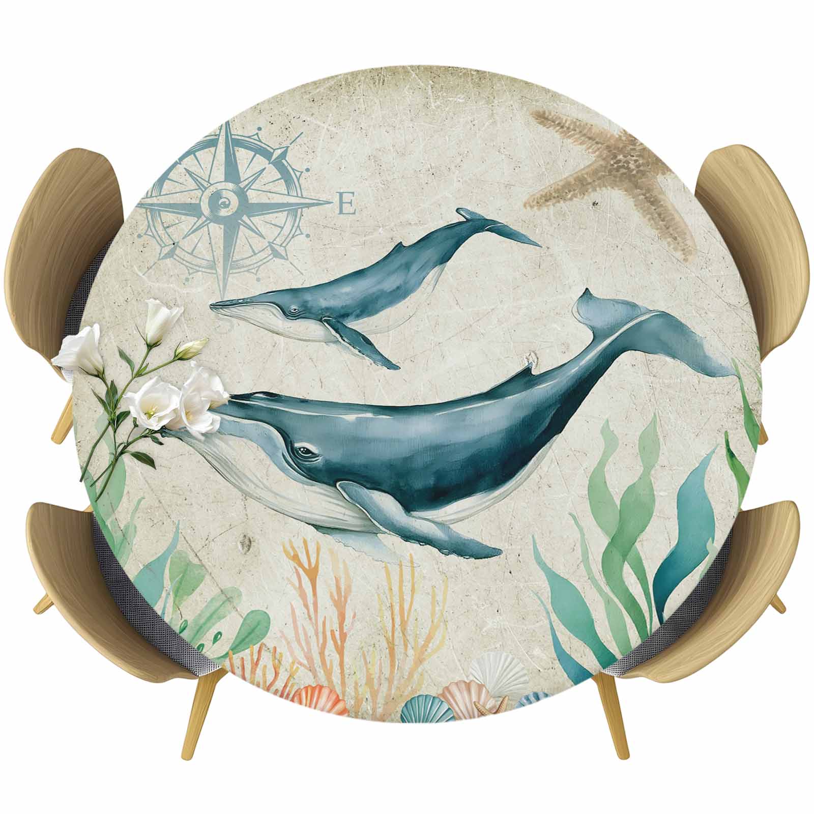 Whale Coastal Round Tablecloth, Fitted Table Cover with Elastic for 55 ...
