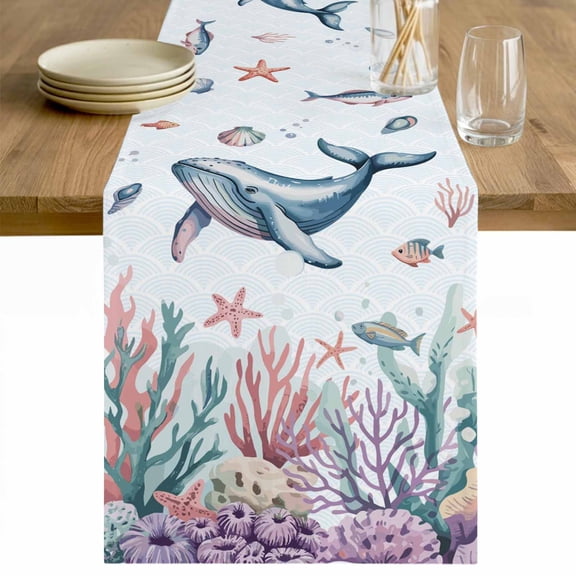Whale Coastal Table Runner - 60 Inch Long Summer Beach Ocean Shell Jellyfish Starfish Cotton and Linen Blended Dress Scarves Farmhouse Table Runner for Kitchen Dining, Coffee Table, 13" x 60"