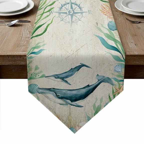 Whale Coastal Table Runner Linen Burlap Table Runner 90 Inches Long Vintage Nautical Ocean Starfish Compass Dresser Scarves for Kitchen Island Coffee Dining Room Party Holiday Decoration 13"x90"