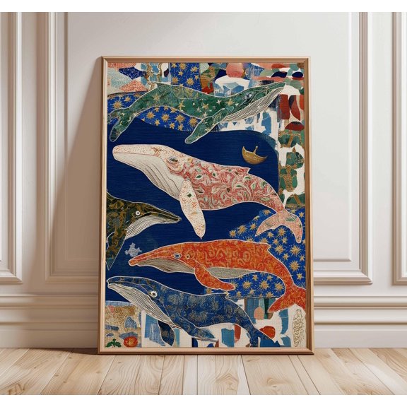 Whale Collage Art Print, Boho Ocean Wall Decor, Poster Only