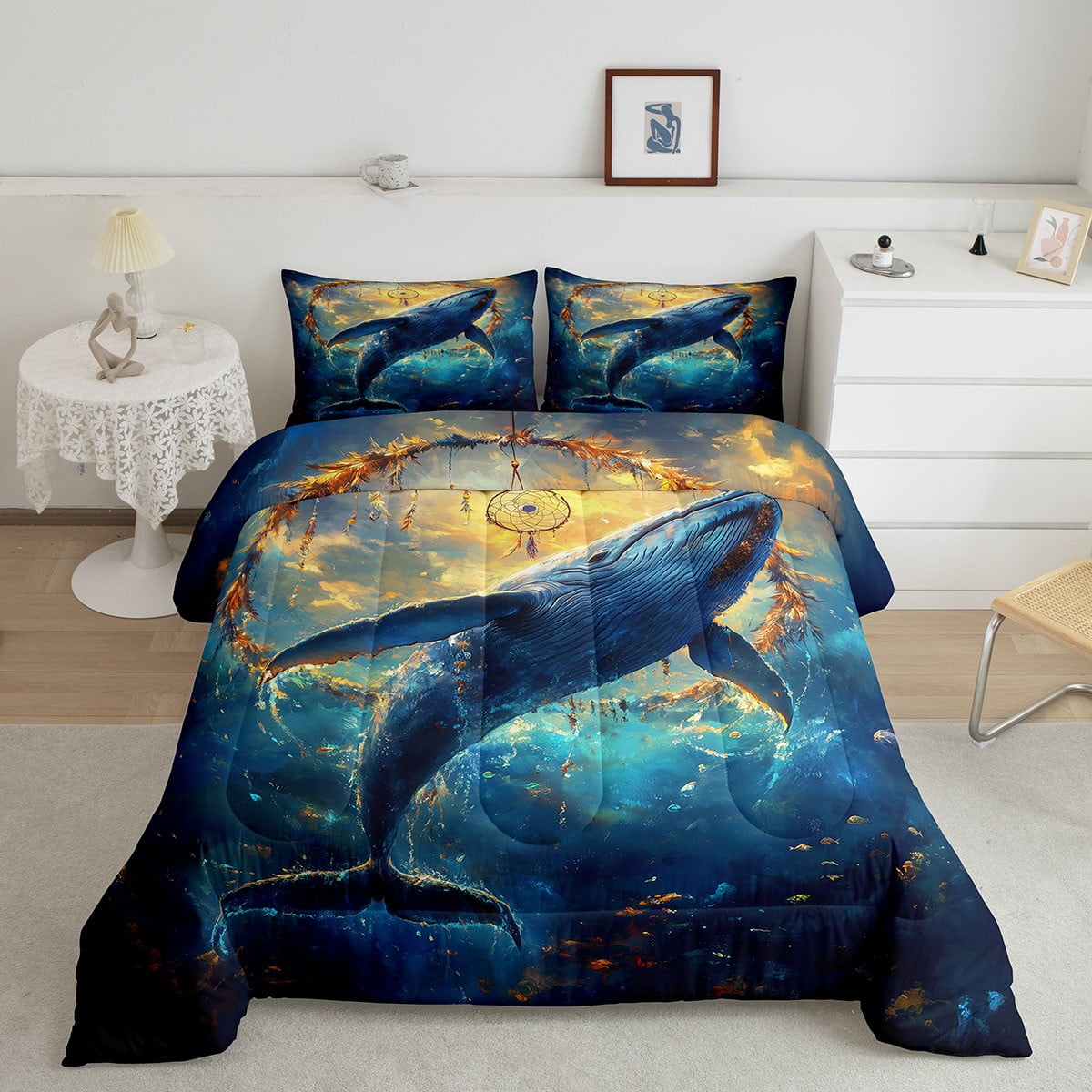 Whale Comforter Set Dreamcatcher Toddler Bedding Sets for Boys,Boho ...