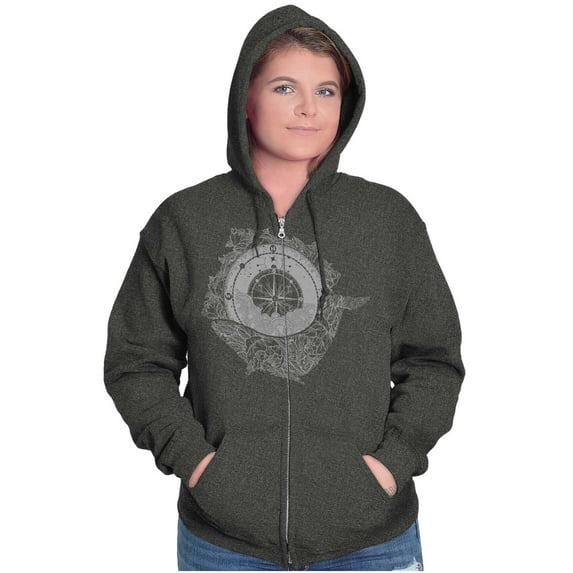 Whale Compass Free Spirit Animal Zip Hoodie Sweatshirt Women Brisco Brands L
