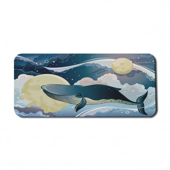 Whale Computer Mouse Pad, Cartoon Style Huge Whale Flies over the Night Clouds with Other Planets, Rectangle Non-Slip Rubber Mousepad X-Large, 35" x 15", Night Blue and White, by Ambesonne