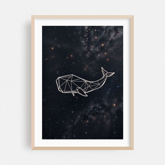 Whale Constellation - Digital Art Space Stars Night Sky Geometric Cosmic Astronomy Abstract Oak Framed Wall Art Print 12 x 18 inches