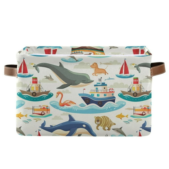 Whale Cruises Dolphin Sailboat Storage Bins with Handle Fabric Organizer Basket Foldable Box 1 Pack 14.2x10.2x8.3