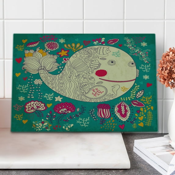Whale Cutting Board, Happy Giant Sea Ocean Creature Whale with Flower Blooms Tulips Leaves Design Art, Decorative Tempered Glass Cutting and Serving Board, Large Size, Multicolor, by Ambesonne