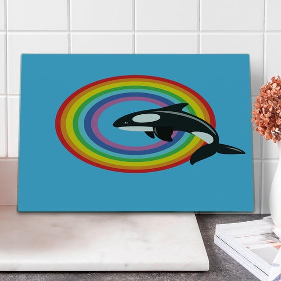 Whale Cutting Board, Modern Design a Killer Mammal Jumping into Circle Made from Rainbow Print, Decorative Tempered Glass Cutting and Serving Board, Large Size, Multicolor, by Ambesonne