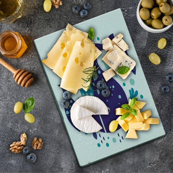 Whale Cutting Board, Navy Sea Theme Cartoon Big Fish with Others in Ocean Swimming Image Art, Decorative Tempered Glass Cutting and Serving Board, Small Size, Purple Turquoise White, by Ambesonne