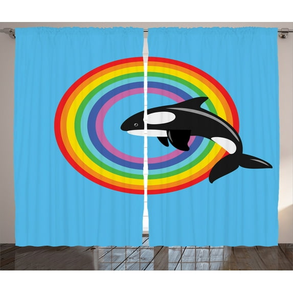 Ambesonne Animal Curtains 2 Panel Set, Rainbow Round and Whale, 108" x 84", Multicolor