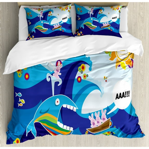 Whale Decor King Size Duvet Cover Set, Colored Hand Drawn Whale Fish and Rabbits with Sun Cartoon Illustration, Decorative 3 Piece Bedding Set with 2 Pillow Shams, Multi Colored, by Ambesonne