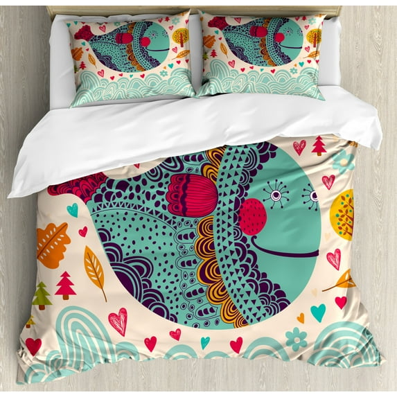 Whale Decor King Size Duvet Cover Set, Colorful Ornamental Designed Big Whale with Waves Plants and Hearts around, Decorative 3 Piece Bedding Set with 2 Pillow Shams, Multi Colored, by Ambesonne