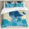 thumbnail image 1 of Whale Decor Queen Size Duvet Cover Set, Cartoon Smiley Cute Patterned Whale with Ornamental Striped Waves Image, Decorative 3 Piece Bedding Set with 2 Pillow Shams, Blue and Dark Blue, by Ambesonne, 1 of 3