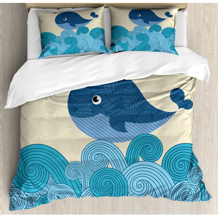 Whale Decor Queen Size Duvet Cover Set, Cartoon Smiley Cute Patterned Whale with Ornamental Striped Waves Image, Decorative 3 Piece Bedding Set with 2 Pillow Shams, Blue and Dark Blue, by Ambesonne