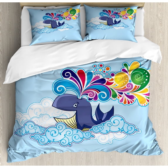 Whale Decor Queen Size Duvet Cover Set, Cartoon Style Flying Happy Whale on Clouds with Rainbow Clods on its head, Decorative 3 Piece Bedding Set with 2 Pillow Shams, Multi Colored, by Ambesonne