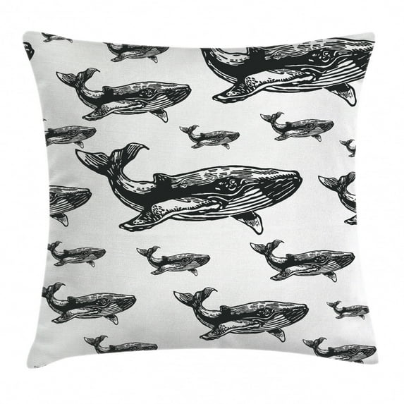 Whale Decor Throw Pillow Cushion Cover, Hand Drawn Artistic Striped Blur Swimming Schoal of Huge Whales Artwork, Decorative Square Accent Pillow Case, 24 X 24 Inches, Black and White, by Ambesonne