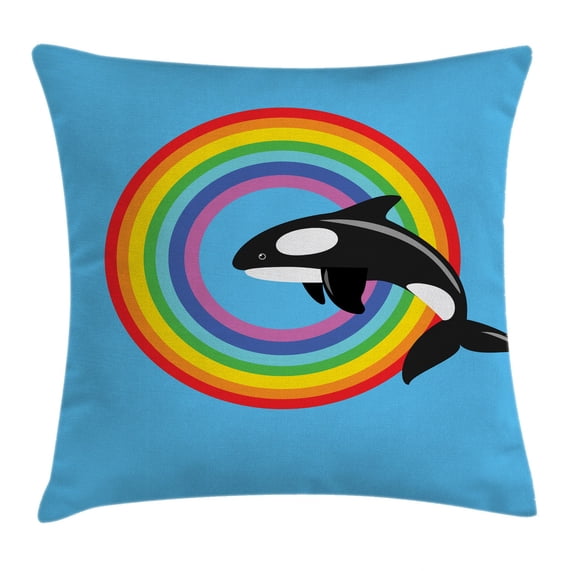 Whale Decor Throw Pillow Cushion Cover, Modern Design with a Killer Whale Jumping into a Circle Made from Rainbow, Decorative Square Accent Pillow Case, 18 X 18 Inches, Multi Colored, by Ambesonne
