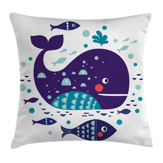 Whale Decor Throw Pillow Cushion Cover, Navy Sea Theme Cartoon Big Fish with Others in Ocean Swimming Image, Decorative Square Accent Pillow Case, 20 X 20 Inches, Sky Blue and Navy Blue, by Ambesonne
