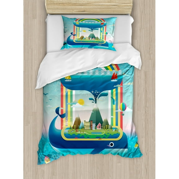 Whale Decor Twin Size Duvet Cover Set, Ecology Environmental Global Concept with a Rainbow Ocean and a Big Whale, Decorative 2 Piece Bedding Set with 1 Pillow Sham, Multi Colored, by Ambesonne