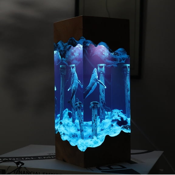 Whale Diver in Cave Desktop Piece Oceanic Art Craft Real Wood Resin Light Birthday Gift Trinket