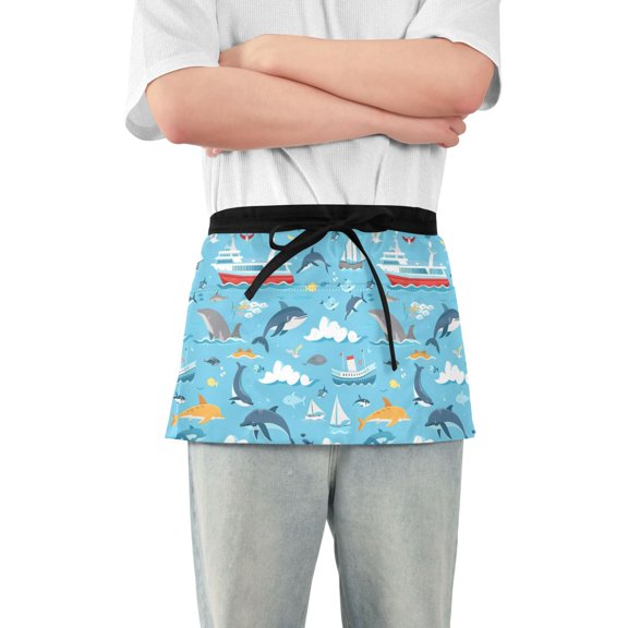 Whale Dolphin Cruises Seagull Server Apron with 3 Pockets Waterproof Waitress Waist Short Apron for Man Woman 12 Inches