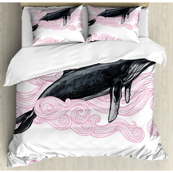 Whale Duvet Cover Set, Big Black Whale with Striped Dreamy Clouds with a Motto Work of Art, Decorative 3 Piece Bedding Set with 2 Pillow Shams, Queen Size, Pink Black and White, by Ambesonne