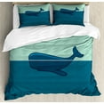 thumbnail image 1 of Whale Duvet Cover Set, Big Blue Whale Half of It Swimming on the top of Ocean Sea Life Image, Decorative 3 Piece Bedding Set with 2 Pillow Shams, Queen Size, Pale Blue and Dark Blue, by Ambesonne, 1 of 3