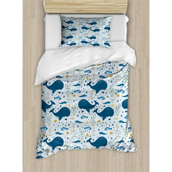 Whale Duvet Cover Set, Big Size Mammal Fish in Oceans with Underwater Anchor Seaweed Bubbles Print, Decorative 2 Piece Bedding Set with 1 Pillow Shams, Twin Size, Pale Blue Multicolor, by Ambesonne