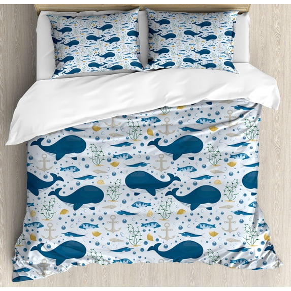 Whale Duvet Cover Set, Big Size Mammal Fish in Oceans with Underwater Anchor Seaweed Bubbles Print, Decorative 3 Piece Bedding Set with 2 Pillow Shams, King Size, Pale Blue Multicolor, by Ambesonne