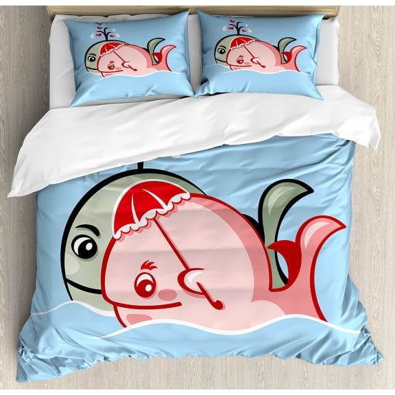 Whale Duvet Cover Set, Whale Couple Swimming in Love Valentines Romantic Ocean Scenery, Decorative 3 Piece Bedding Set with 2 Pillow Shams, King Size, Blue Grey Coral Sky, by Ambesonne