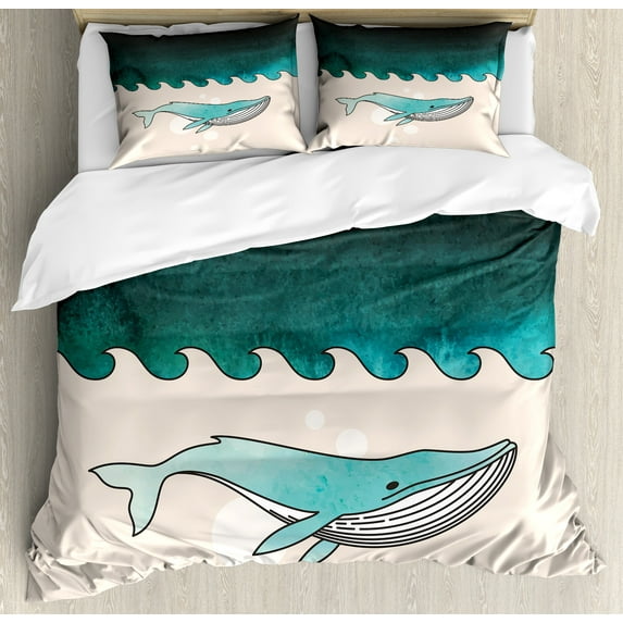 Whale Duvet Cover Set, Fish Swimming in the Ocean Pattern Underwater Submarine Illustration, Decorative 3 Piece Bedding Set with 2 Pillow Shams, Queen Size, Petrol Blue Turquoise, by Ambesonne