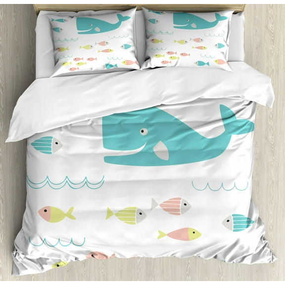 Whale Duvet Cover Set, Funny Smiling Whale Cartoon with Schoal of Tiny Fish Work of Art, Decorative 3 Piece Bedding Set with 2 Pillow Shams, Queen Size, Yellow White, by Ambesonne