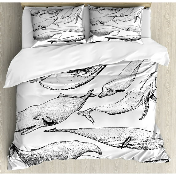Whale Duvet Cover Set, Hand Drawn Black and White Whales from Single Type Small and Big Image, Decorative 3 Piece Bedding Set with 2 Pillow Shams, Queen Size, Black and White, by Ambesonne