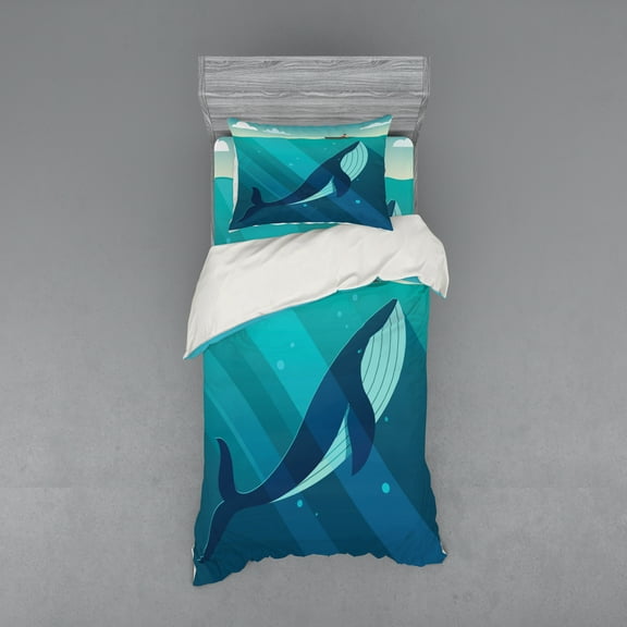 Whale Duvet Cover Set, Huge White Whale Under the Ocean with Sailor on Water with Rays of Sun Print, Bedding Set with Shams and Fitted Sheet, 3 Sizes, by Ambesonne