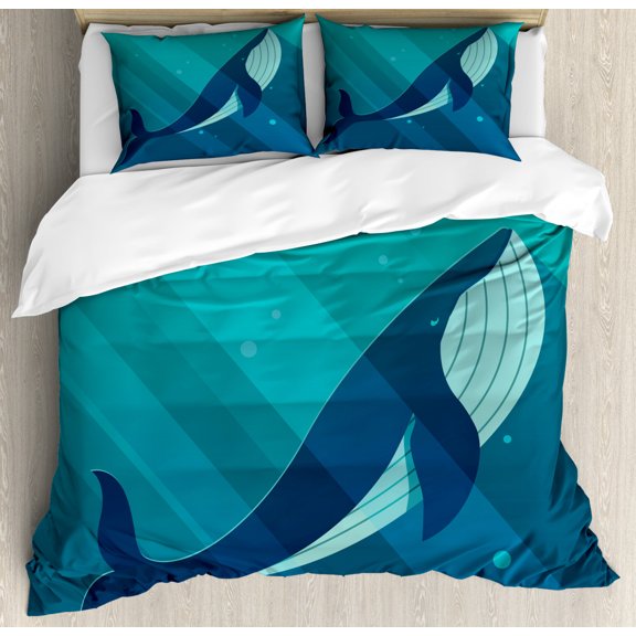 Whale Duvet Cover Set, Huge White Whale Under the Ocean with Sailor on Water with Rays of Sun Print, Decorative 3 Piece Bedding Set with 2 Pillow Shams, King Size, Blue and White, by Ambesonne