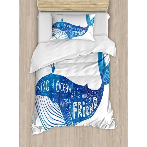 Whale Duvet Cover Set, Kind of Ocean is My Best Friend Words with Whale Fish Paintbrush Picture, Decorative 2 Piece Bedding Set with 1 Pillow Shams, Twin Size, Violet Blue White, by Ambesonne