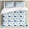 thumbnail image 1 of Whale Duvet Cover Set King Size, Different Types of Swimming Marine Characters in Hand Drawn Style Nautical, Decorative 3 Piece Bedding Set with 2 Pillow Shams, Teal Dark Blue White, by Ambesonne, 1 of 3