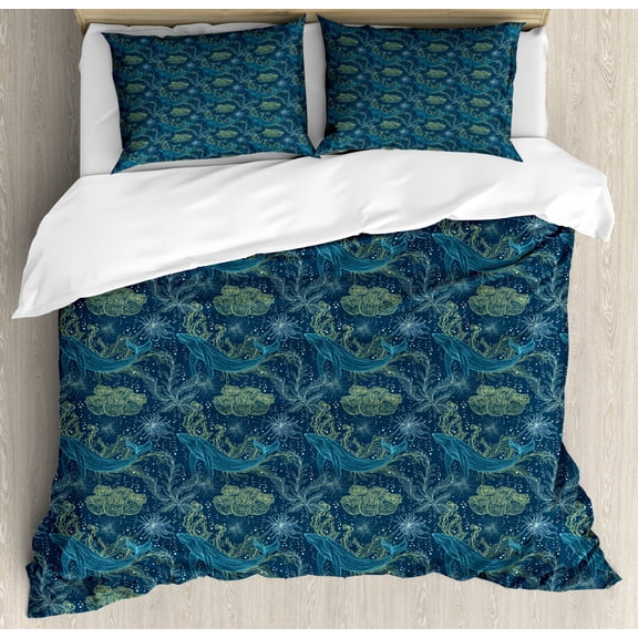 Whale Duvet Cover Set King Size, Hand Drawn Marine Fauna and Flora Sketch Abstract Seaweeds and Whales, Decorative 3 Piece Bedding Set with 2 Pillow Shams, Indigo Sea Green Blue, by Ambesonne
